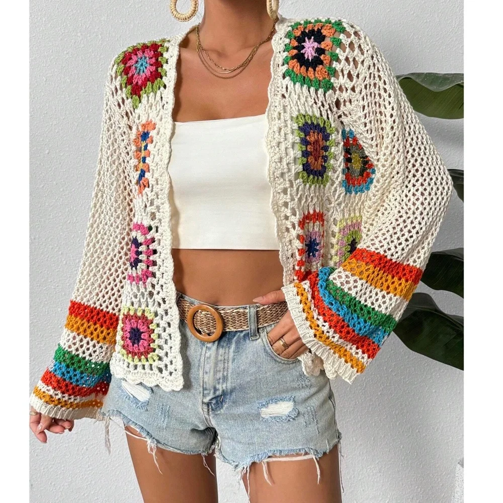 Boho Grannycore crochet open Front Loose Fit Bell Sleeve cArdigan